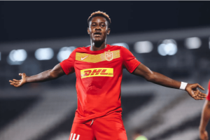 Ghanaian forward Ibrahim Osman reacts after FC Nordsjaelland reach Europa Conference League group stage