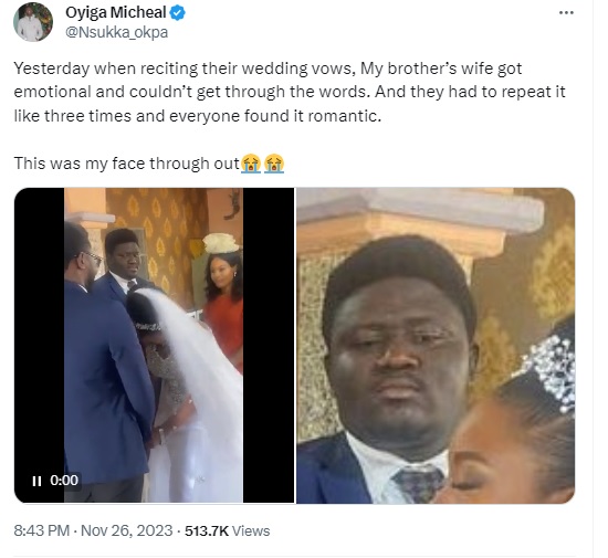 Man shares a PHOTO of his reaction after his brother’s bride kept crying during their exchange of vows