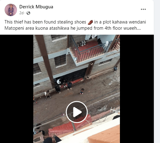 Robbery Gone Wrong: A thief jumps to his death after he was caught stealing shoes at an apartment in Kahawa Wendani (VIDEO & PHOTOs).
