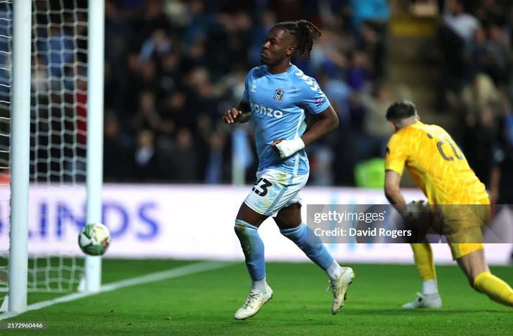 Ghana’s Brandon Thomas-Asante scores in Coventry’s narrow defeat to Tottenham Hotspur