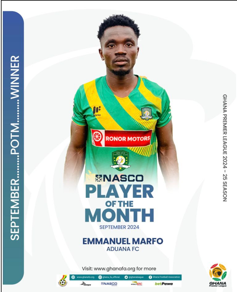 Ghana Premier League: Aduana Stars forward Emmanuel Marfo scoops September Player of the Month prize