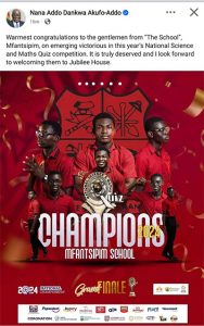 Akufo-Addo Congratulates Mfantsipim On NSMQ Victory