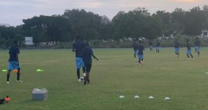 Accra Lions and Hearts of Lions players forced to warm up outside UG stadium due to community games